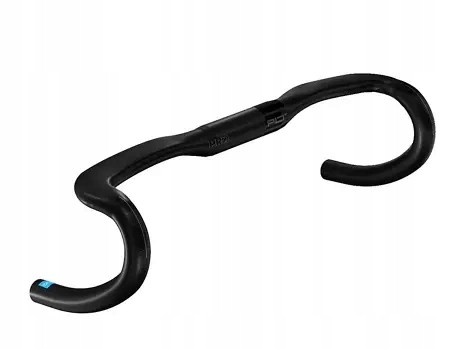 Black carbon road handlebars with a compact ergonomic design, measuring 38 cm in width and 31.8 mm in clamp diameter, featuring a sleek, lightweight finish.