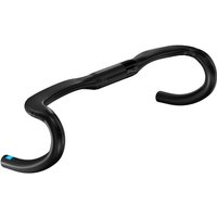 Black carbon fiber ergonomic handlebar with a compact drop and integrated cable routing, 40cm width.