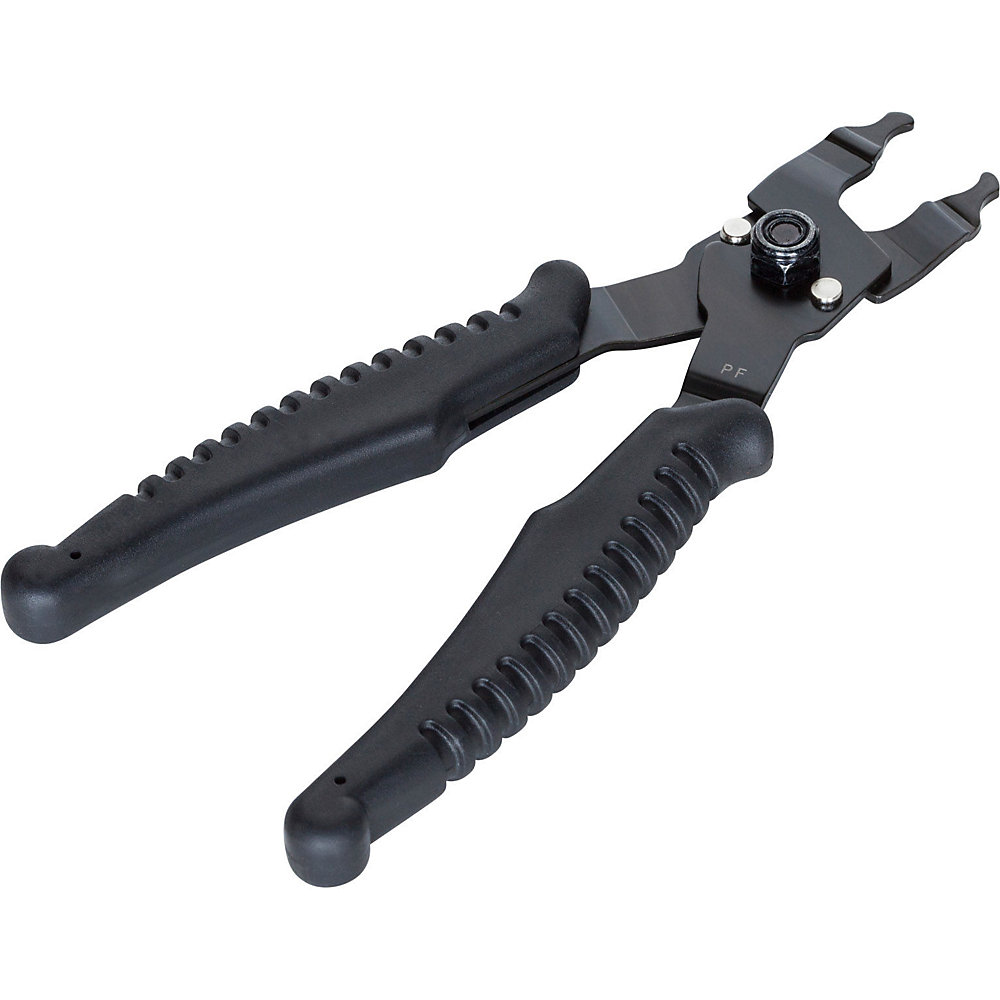 Black PRO Quick Link Pliers with rubberized grips, featuring a spring-loaded design and a circular opening for easy link manipulation.