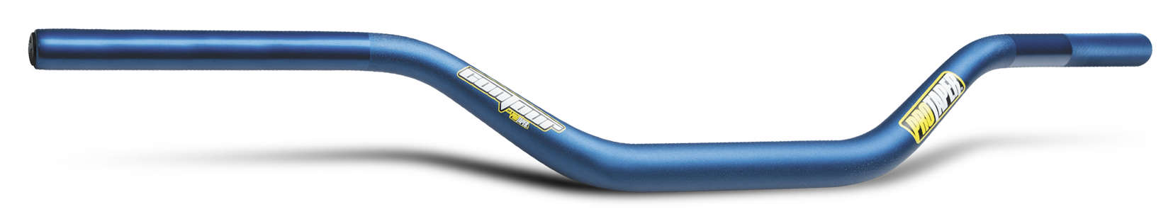 Blue aluminum Pro Taper Contour handlebars featuring a Henry/Reed bend design, showcasing a smooth finish and prominent branding stickers.