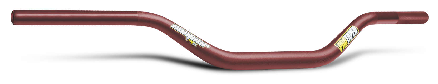 Red Pro Taper Contour handlebars with a Windham bend, featuring a smooth aluminum finish and distinctive branding stickers on the sides.