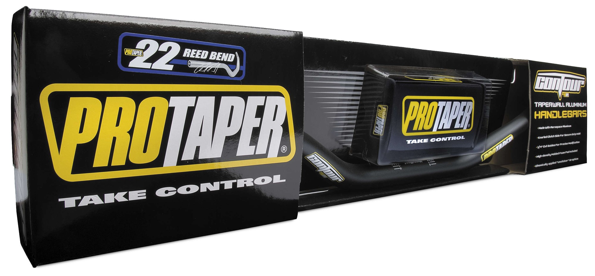 Black Pro Taper Contour handlebars with a YZ high bend design, featuring a sleek finish and packaging that highlights "Take Control" and "22 Reed Bend" branding.