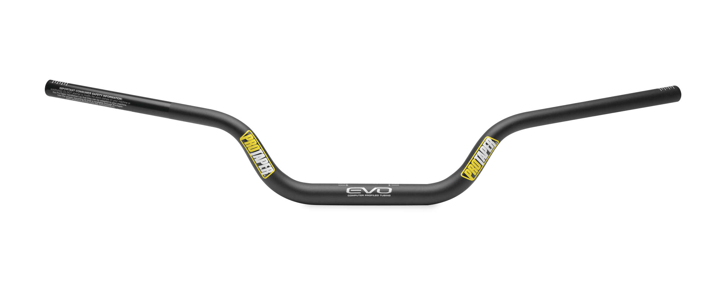 Black Pro Taper EVO handlebars with Adventure Bend design, featuring a lightweight aluminum construction and bold yellow branding on the grips.