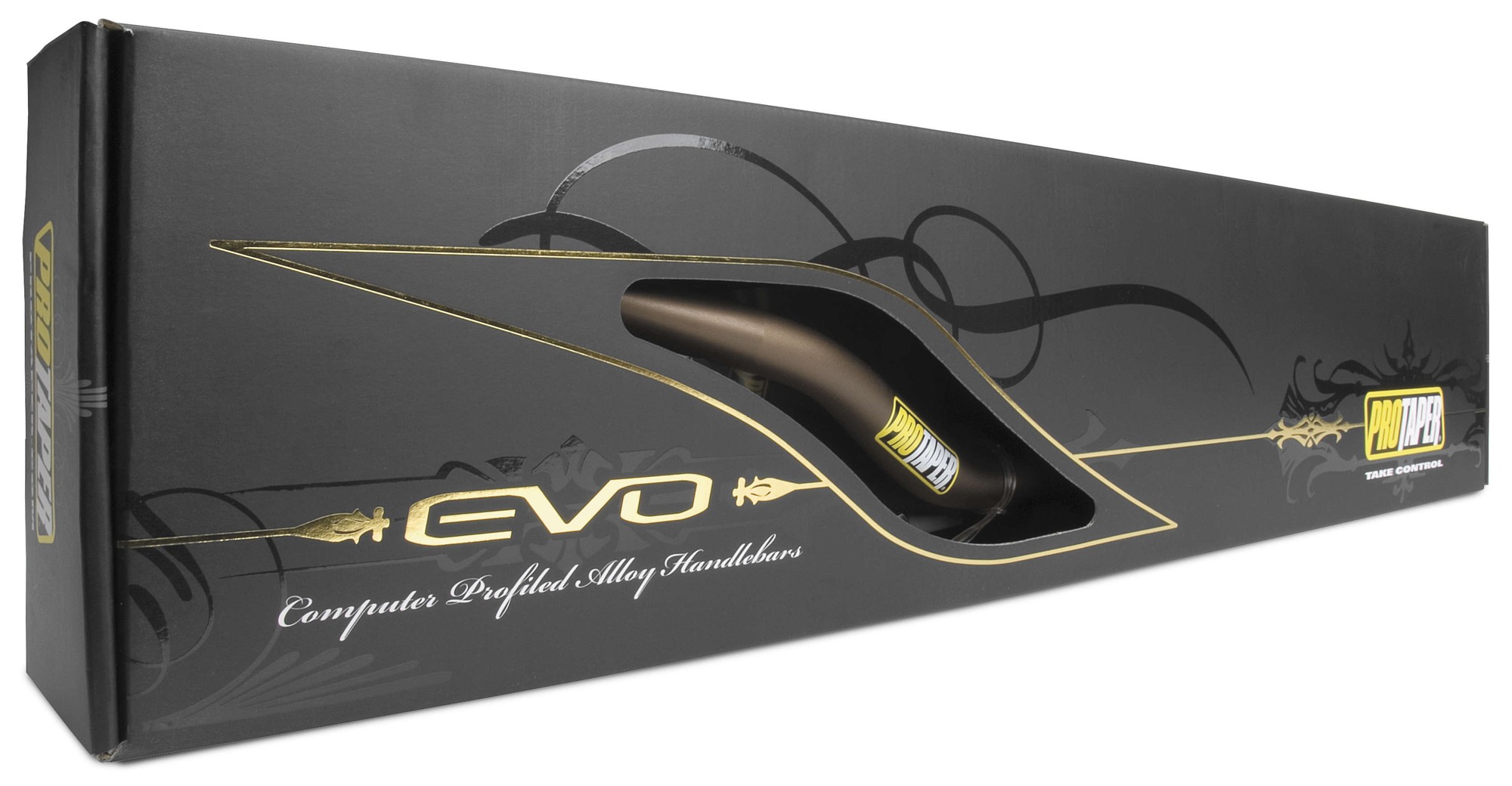 Black Pro Taper EVO MX handlebars in Windham Bend style, featuring a sleek design and durable alloy material, displayed in a stylish black box with gold accents.