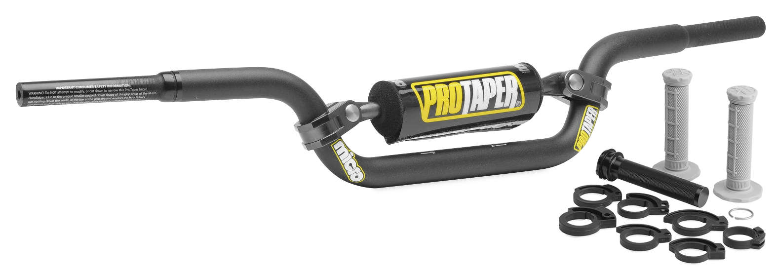 Pro Taper Micro Bar Handlebars kit in black, featuring a throttle tube, rubber grips, and multiple spacers, designed for KTM 50 with a Schoolboy bend for optimal control.