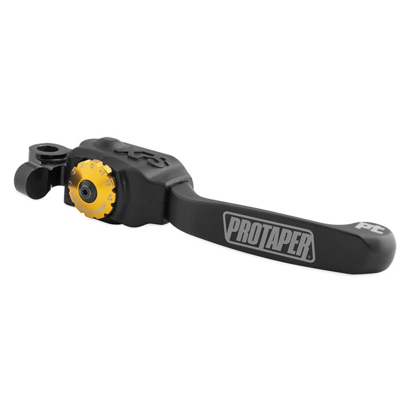 Black Pro Taper XPS brake lever featuring a yellow adjustment knob, designed for Honda CR models from 1992 to 2007 and several CRF models from 2002 to 2021.