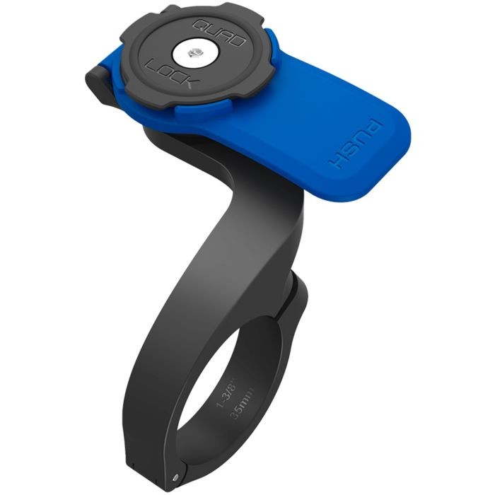 Black Quad Lock Out Front Mount V3 with a blue locking mechanism, designed for secure attachment to bicycle handlebars, featuring a sleek, durable design.