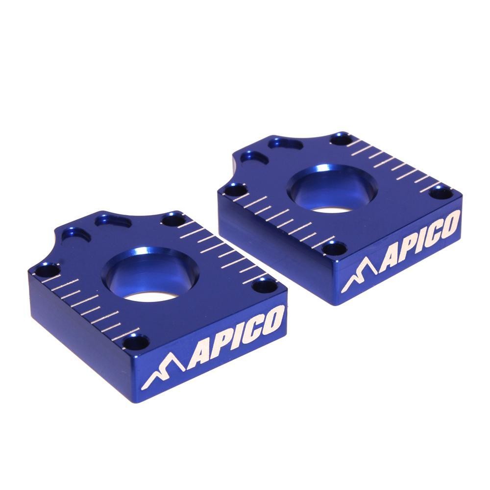 Blue aluminum rear axle blocks with engraved markings and the "APICO" logo, designed for Yamaha YZ65 (2018-2025) and YZ85 (2019-2025) models.