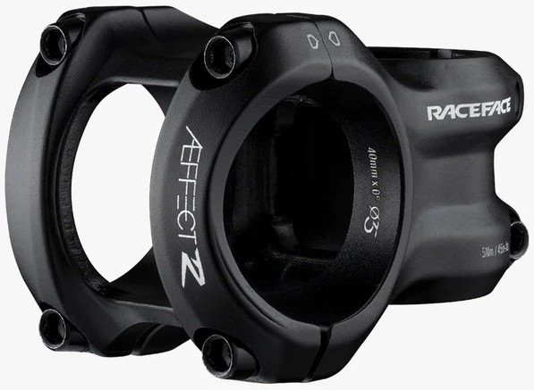 Black aluminum RaceFace Aeffect R Stem featuring a 32mm length, 35mm clamp diameter, and +/-0 degree rise, designed for durability and performance in cycling.