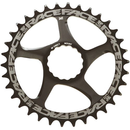 Black aluminum 32T narrow/wide single chainring featuring a direct mount design, with distinctive Race Face branding and a sleek, modern aesthetic.
