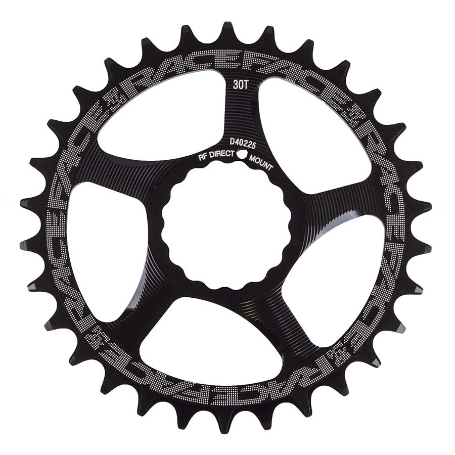 Black 30-tooth direct mount narrow/wide chainring featuring a distinctive Race Face logo and sharp, alternating teeth design for improved chain retention.