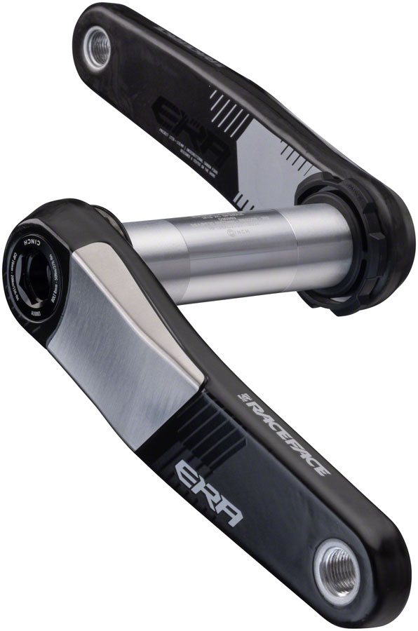 RaceFace Era crankset in black carbon with silver accents, featuring a 165mm length, direct mount design, 136mm spindle, and CINCH interface for easy installation.
