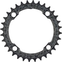 Black Race Face 34T chainring with narrow/wide teeth pattern, 104mm BCD, and subtle logo detailing.