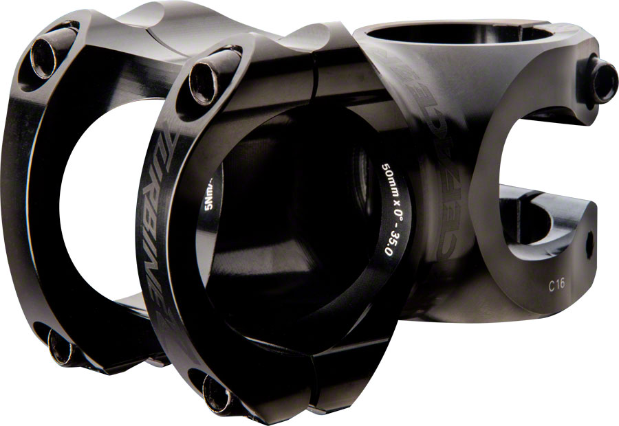 Black aluminum Race Face Turbine R stem, 40mm length, featuring a sleek design, multiple bolt holes, and a matte finish for enhanced durability and performance.