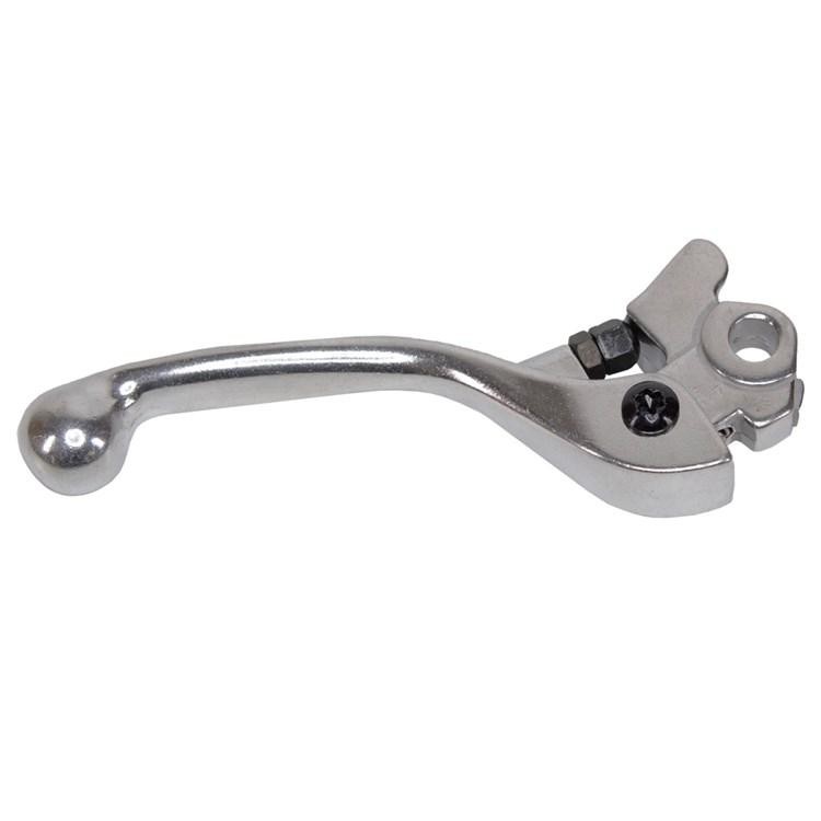 Silver metal brake lever with a smooth, curved handle and a pivot point, designed for Kawasaki KX65 (2000-2023) and KLX300R (2020-2022) models.