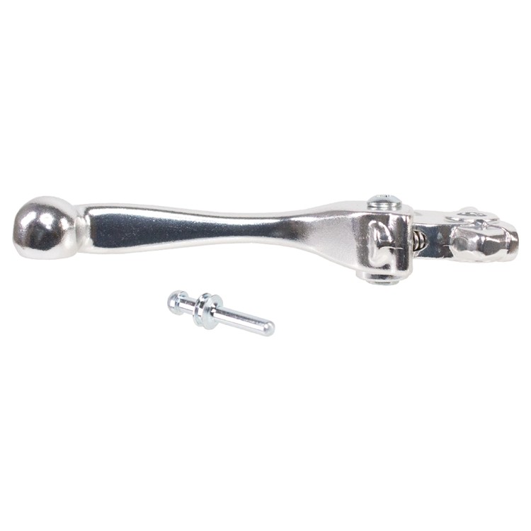 Silver Raceline cast brake lever with a smooth finish and rounded end, designed for Kawasaki KXF250, KXF450, and KX 250/450XC models from 2019 to 2023, includes a mounting pin.