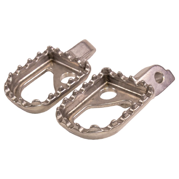 Silver aluminium trials footpegs with a 60mm wide design, featuring a textured surface and sharp teeth for enhanced grip and stability during use.