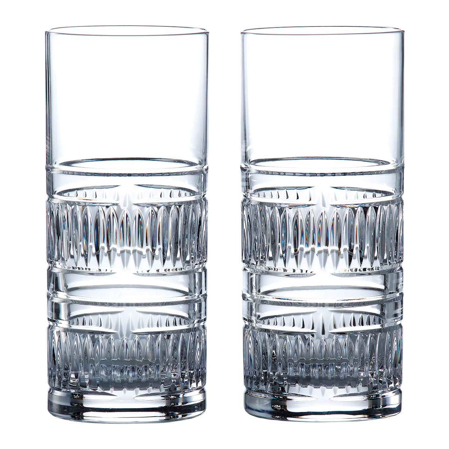 Two clear glass hi ball glasses with a textured radial design at the base, showcasing elegant craftsmanship and a modern aesthetic.