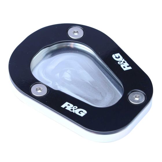 Black and silver R&G Racing Motorcycle Kickstand Shoe with a glossy finish, featuring a transparent center and three visible screws for secure attachment.
