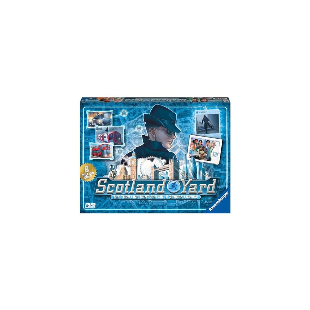 Scotland Yard board game box featuring a blue background, an illustration of a detective in a hat, iconic London landmarks, and images of game pieces and cards.
