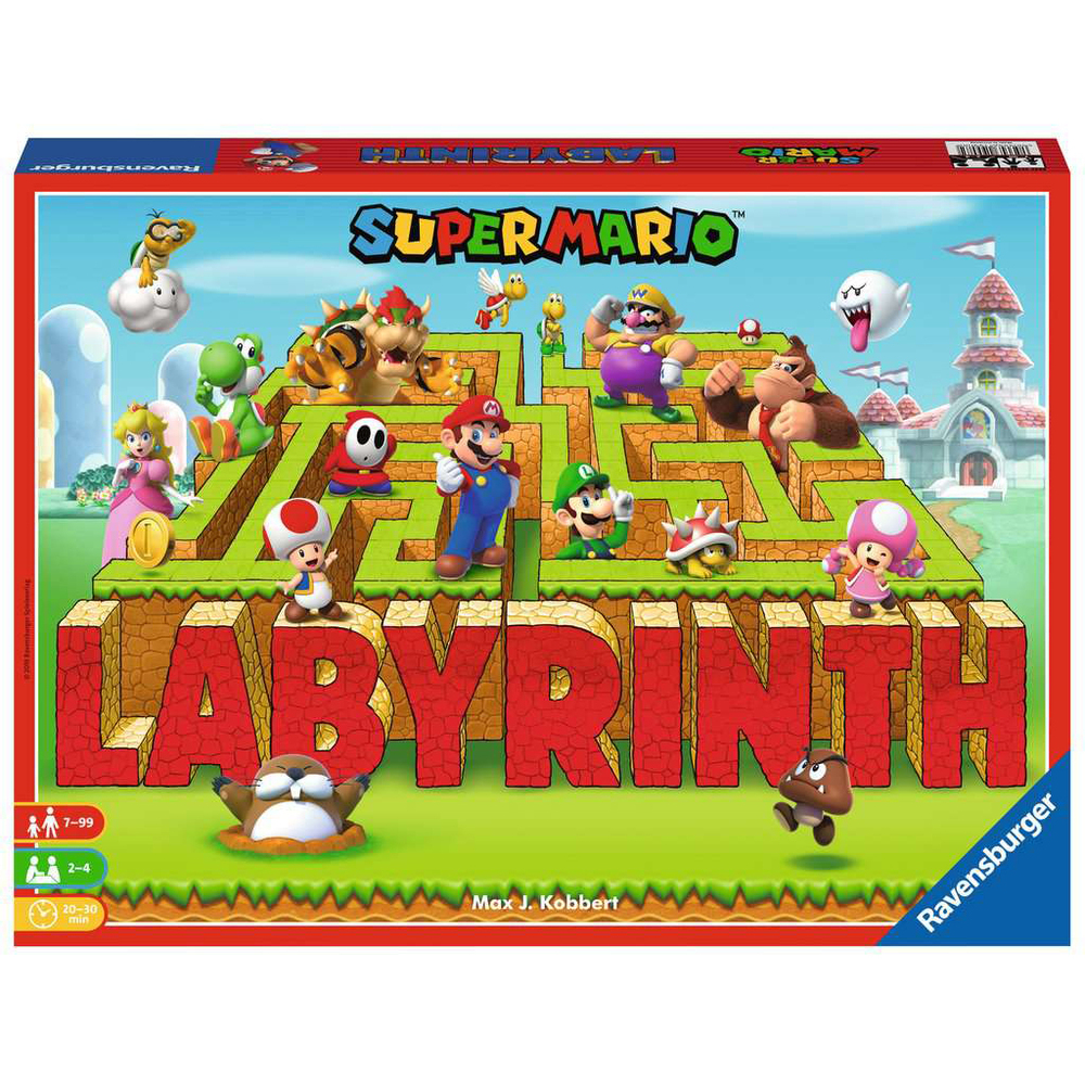 Colorful game box featuring "Super Mario Labyrinth" title in bold red letters, with iconic characters like Mario, Luigi, and Bowser, set against a vibrant maze background.