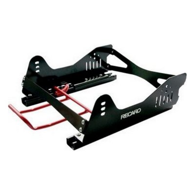 Black metal seat base with a sturdy frame, featuring cutouts for ventilation, a sliding mechanism, and red levers for adjustment, labeled with the Recaro logo.