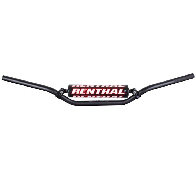 Black Renthal 666 7/8 Vintage/Desert handlebars with a distinctive red and white logo, featuring a sturdy metal construction and a curved design for optimal grip.
