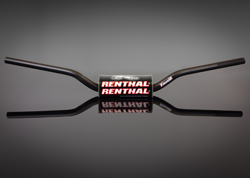 Black Renthal 839 Fat Bar handlebars featuring a central logo, designed for Honda CRF 2018-on and Kawasaki KX 2021-on models, with a sleek, durable finish.