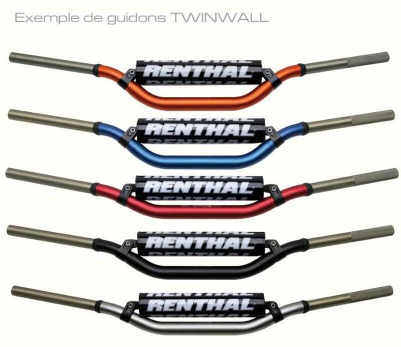 Five RENTHAL Twinwall 997 handlebars in orange, blue, red, silver, and black, featuring a sturdy aluminum construction and a prominent "RENTHAL" logo on each.