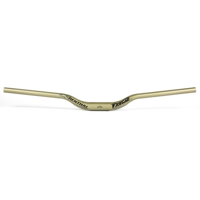Gold Renthal FatBar 35 V3 handlebar, featuring a 40mm rise and 800mm width, made from lightweight aluminum with a sleek, curved design for enhanced grip and control.