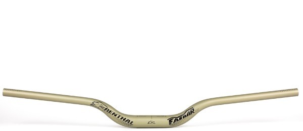 Gold Renthal FatBar 35 V3 handlebar, 50mm rise and 820mm width, featuring a sleek aluminum design with branding on the sides.