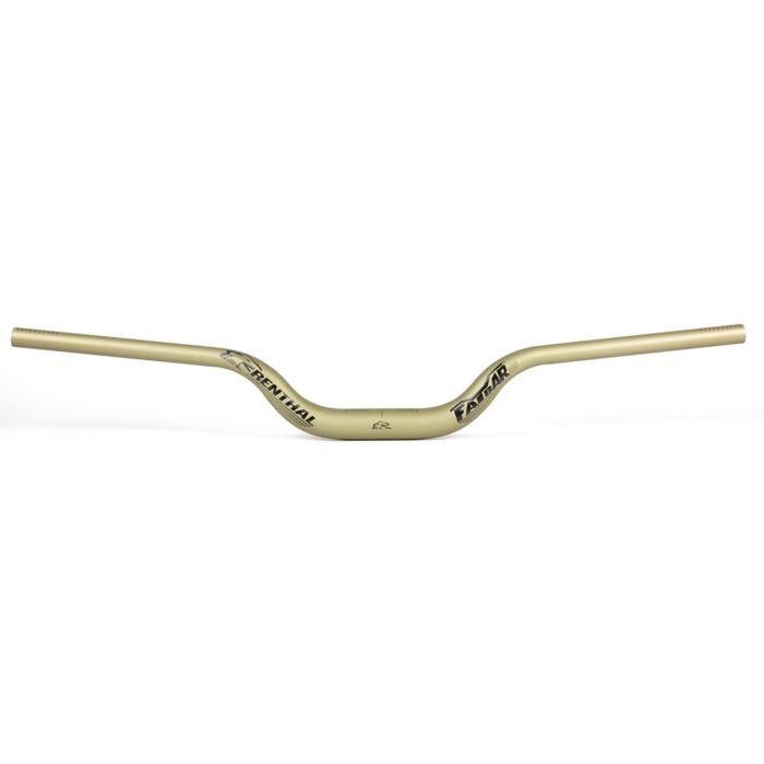 Gold Renthal FatBar 35 V3 handlebar, 70mm rise and 820mm width, featuring a sleek aluminum design and a distinctive bend for enhanced control and comfort.
