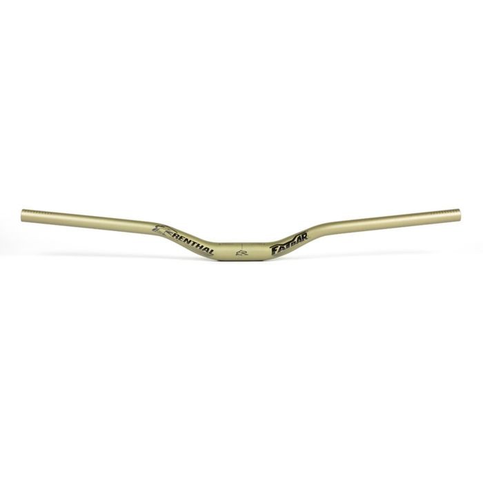 Gold Renthal FatBar Lite V3 handlebar with a 40mm rise, featuring a lightweight aluminum construction and a sleek, curved design for improved grip and control.