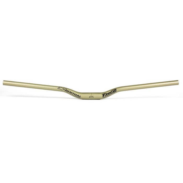 Gold Renthal FatBar V3 handlebar with a 30mm rise, featuring a sleek, lightweight aluminum design and a distinctive, wide, and curved shape for improved control.