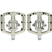 Renthal Revo-DHC Downhill Clipless MTB Pedals, silver with wide platform, multiple pins, and central clip mechanism.