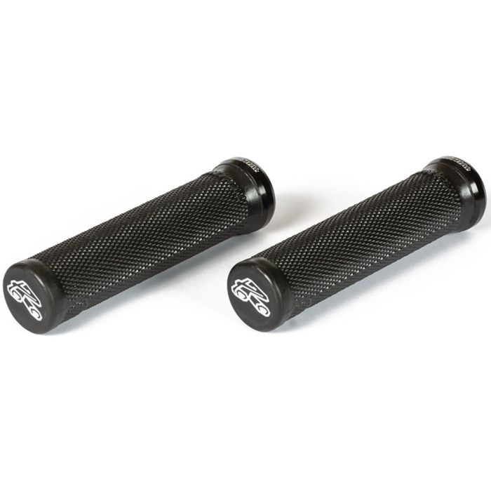 Black Renthal Single Collar Lock-on Grips made from ultrasoft rubber, featuring a textured surface for enhanced grip and durability, with a sleek design and logo on the ends.