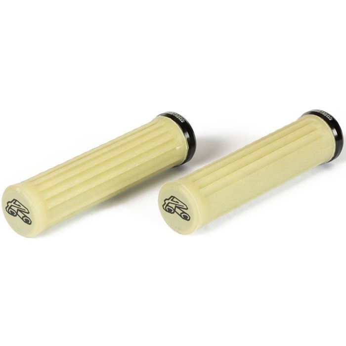 Renthal Single Collar Traction Lock-on Grips in aramid material, featuring a textured, ribbed design in a light yellow color with black collars and logo accents.
