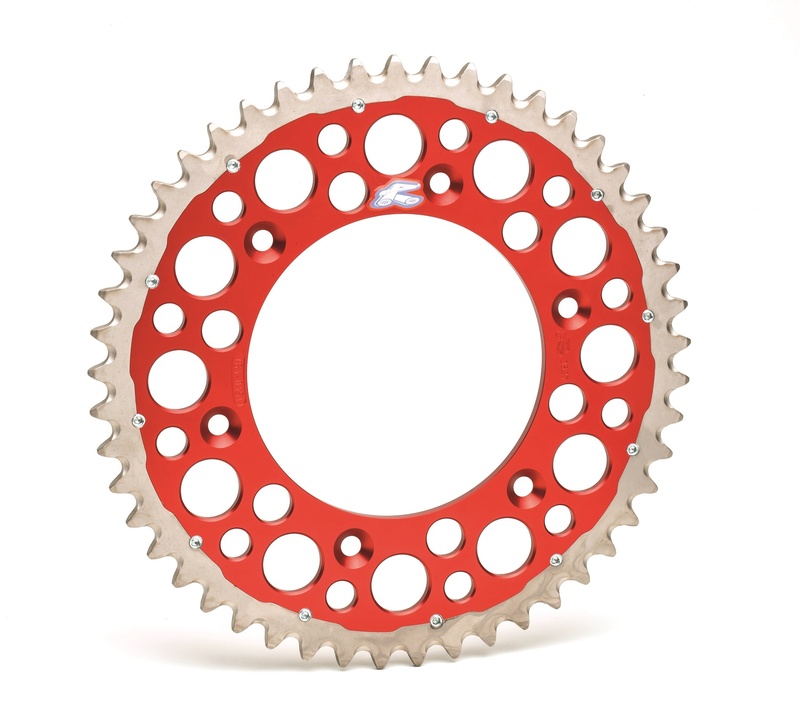 Renthal Twin Ring rear sprocket in red, featuring a lightweight aluminum design with multiple holes for reduced weight, suitable for Honda CR and CRF models up to 2024, 48T.