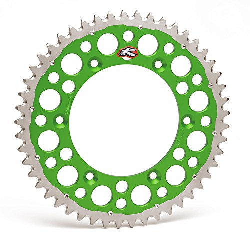 Green Renthal Twin Ring rear sprocket with a 50-tooth design, featuring a lightweight aluminum construction and circular holes for reduced weight, compatible with various Kawasaki models.