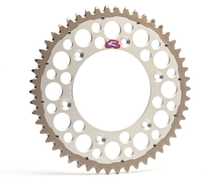 Silver Renthal Twin Ring Rear Sprocket with 49 teeth, designed for KTM SX/EXC 125-620 (1990-2024) and TE/TC/FE/FC (2000-2024), featuring a lightweight aluminum construction and distinctive cutouts.