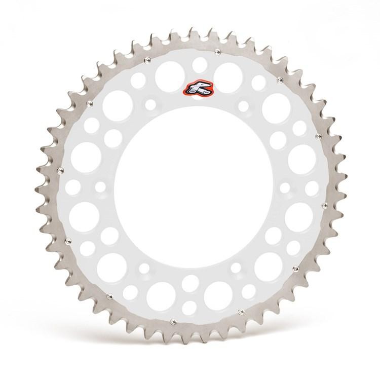 Silver Renthal Twin Ring rear sprocket with 52 teeth, featuring a circular design with cutouts and a prominent red logo, compatible with various KTM models from 1990 to 2024.