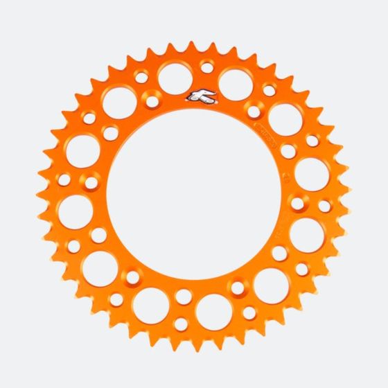 Bright orange Renthal Twin Ring rear sprocket with 52 teeth, featuring a lightweight design and multiple cutouts for reduced weight, suitable for various KTM models from 1990 to 2024.