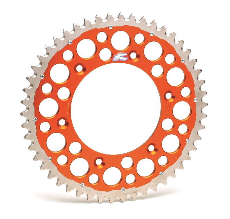 Orange Renthal Twin Ring rear sprocket with a 50-tooth design, featuring a lightweight aluminum construction and multiple cutouts for reduced weight, compatible with various KTM models.