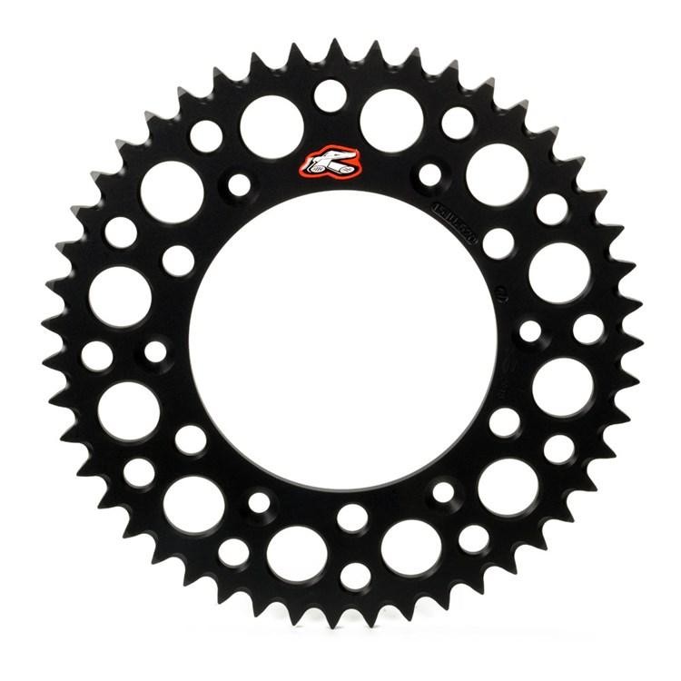 Black aluminum rear sprocket with 39 teeth, featuring a circular design and multiple holes for weight reduction, branded with a small Renthal logo.