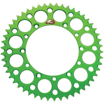 Green Renthal Ultralight rear sprocket with 46 teeth, featuring a circular design and cut-out holes, compatible with Kawasaki KX65 (2000-2024) and Suzuki RM65 (2003-2005).