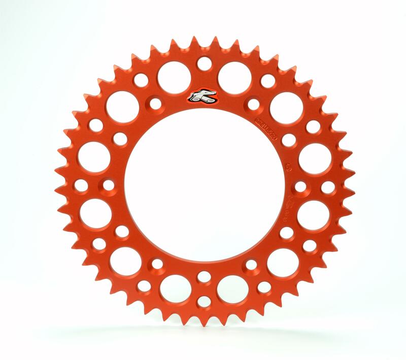 RENTHAL Aluminium Ultra-Light Self-Cleaning Rear Sprocket 224U in vibrant orange, featuring a circular design with multiple cutouts and sharp teeth for enhanced performance.