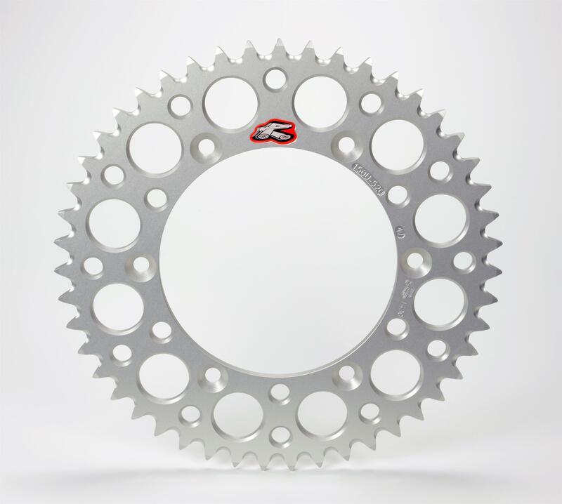 Aluminium rear sprocket with a silver finish, featuring multiple holes for weight reduction, marked with a red and white Renthal logo. Model 224U - 520.