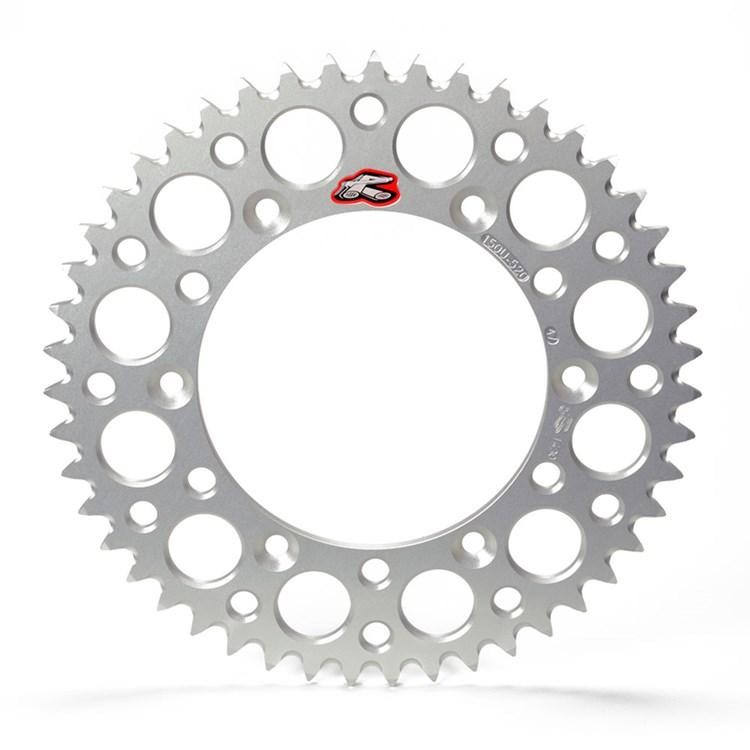 Silver 49-tooth rear sprocket with a circular design, featuring multiple holes for weight reduction, and a small red and white Renthal logo. Compatible with KTM SX65, Husqvarna TC65, and Gas Gas MC65 from 1998-2024.
