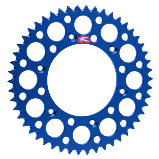 Blue aluminum rear sprocket with 46 teeth, featuring circular cutouts for weight reduction, designed for KTM SX85, Husqvarna TC85, and Gas Gas MC85 models from 2003 to 2024.