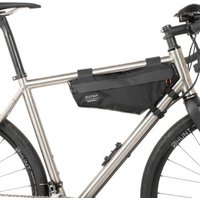 Black Restrap Race Frame Bag, triangular, attached to bicycle frame with Velcro straps, sleek design.